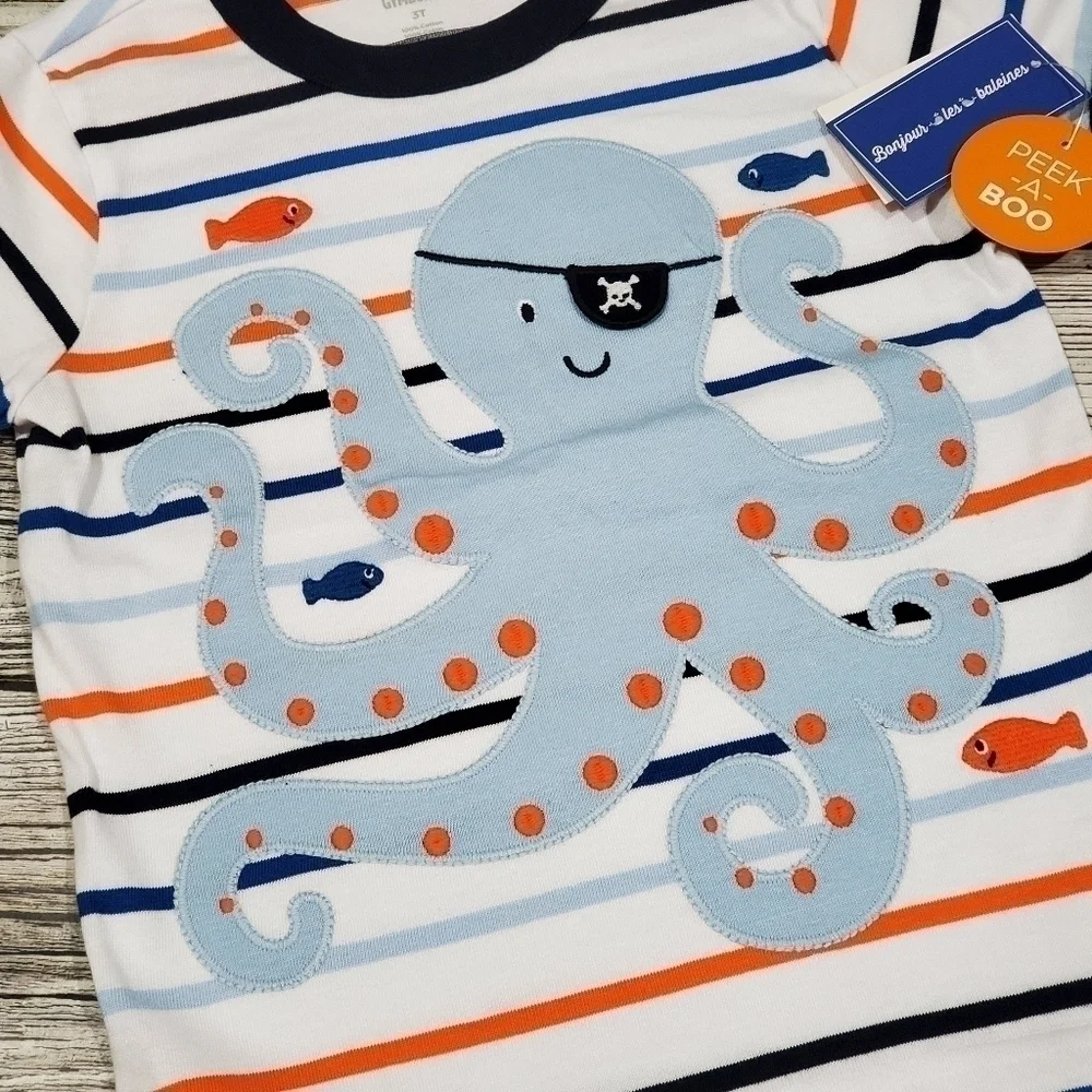 Pirate Octopus T-Shirt, Pirate Ship T-Shirt, and Orange Shorts Outfit Gymboree